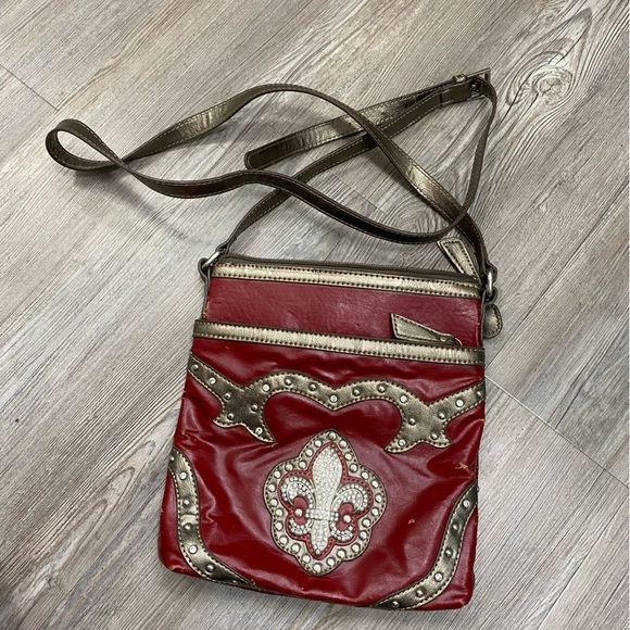 Fleur De Lis Handbags - Fleur De Lis Purse Crossbody Red & Brown with Rhinestones Crystal‎ Bling
